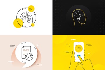 Minimal set of Lungs, Internet document and Quick tips line icons. Phone screen, Quote banners. Idea head icons. For web development. Respiratory pneumonia, Web page, Helpful tricks. Lightbulb. Vector