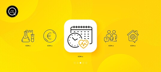 Fototapeta na wymiar Euro money, Work home and Family questions minimal line icons. Yellow abstract background. Cardio calendar, Chemistry lab icons. For web, application, printing. Vector
