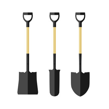 A set of colored shovel icons. Three shovel shapes. A hand tool for working on a construction site and in the garden. Vector illustration isolated on a white background for design and web.