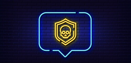 Neon light speech bubble. Cyber attack line icon. Ransomware threat sign. Data protection symbol. Neon light background. Cyber attack glow line. Brick wall banner. Vector