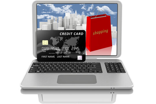 Illustrazione 3D. Pagamento elettronico. Computer portatile e carta di credito come simbolo dei pagamenti online..