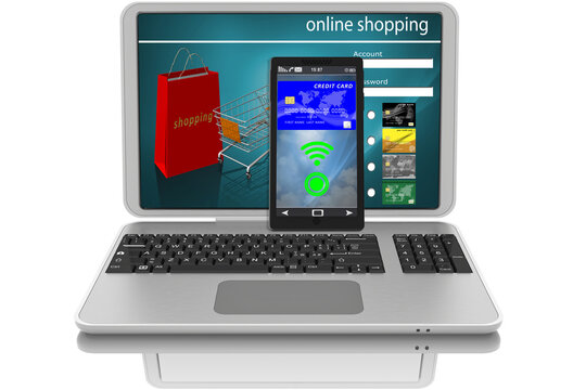 Illustrazione 3D. Pagamento elettronico. Computer portatile, carta di credito e applicazione smartphone come simbolo dei pagamenti online..