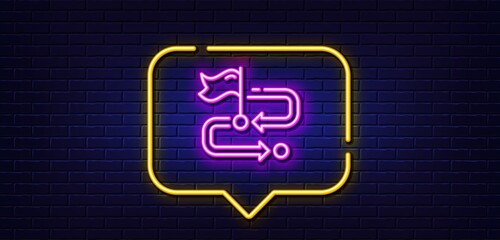 Neon light speech bubble. Travel path line icon. Location flag sign. Success symbol. Neon light background. Travel path glow line. Brick wall banner. Vector