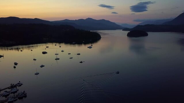 Exquisite Sunset Over Sechelt Inlet In Sunshine Coast, BC, Canada. wide aerial