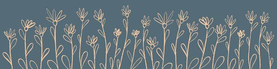Wild grass and flowers on gray background. Hand drawn floral objects. Vector illustration.