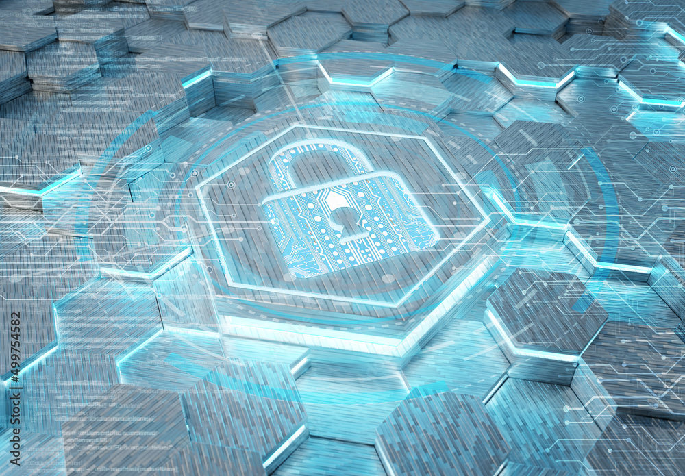 Leinwandbilder web security icon concept engraved on metal hexagonal pedestral background. padlock logo glowing on 