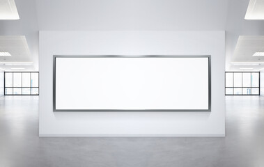 Panoramic frame Mockup hanging on office wall. Mock up of a billboard in modern company interior
