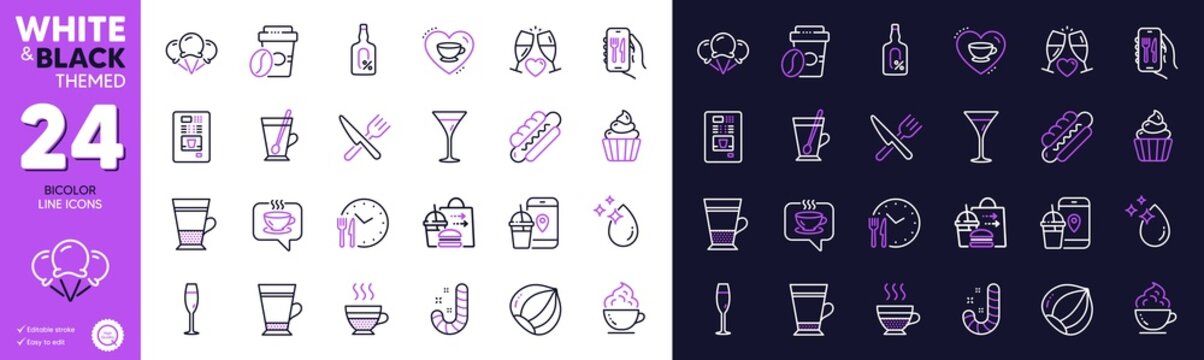 Double latte, Food and Food delivery line icons for website, printing. Collection of Coffee, Coffee cup, Hotdog icons. Ice creams, Candy, Alcohol free web elements. Cupcake, Water drop, Latte. Vector