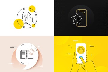 Minimal set of Vip phone, Restaurant app and Product knowledge line icons. Phone screen, Quote banners. Confirmed mail icons. For web development. Vector