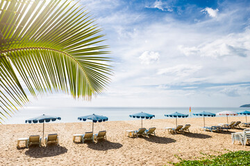 Tropical beach background, Relaxing on the beach in summer sunny day, sunbed on the beach in south of Thailand, tropical island