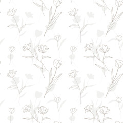 Beige line flowers in white background seamless vintage pattern, floral retro botanical decorative ornament  design for wrapping paper, textile, fabric design, spring summer wallpaper backdrop