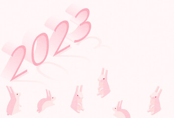 2023年卯年の年賀状、兎の家族、和風アイソメトリック