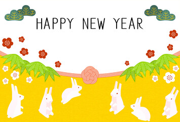 2023年卯年の年賀状、兎の家族と松竹梅と水引、和風アイソメトリック