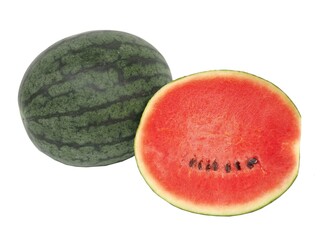 Whole and half watermelon on white background. closeup photo, blurred.