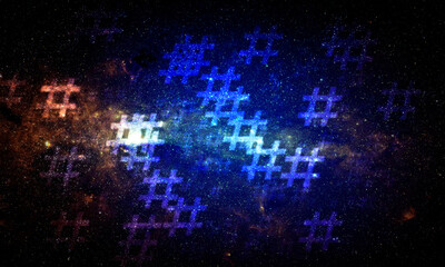 Hashtag random pattern on colorful space background. Illustration.