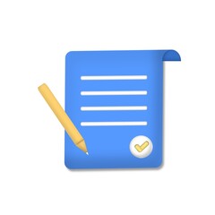 3D writing vector icon. Creative writing and storytelling, copywriting for education concept. Paper task management, todo check list, note project plan, exam with pencil. Cartoon minimal style