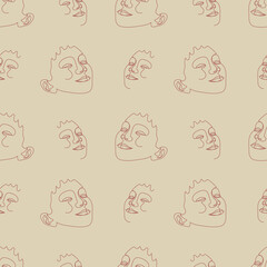 Seamless pattern with one single line drawings of female face. Brown line on beige background.