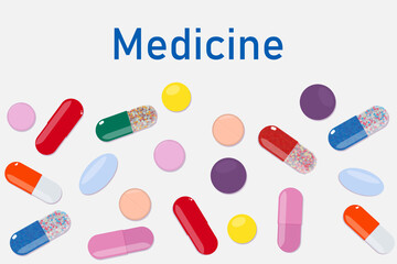 set of medical pills. Colorful pills set isolated on the white background. Collection of multicolor tablets, capsules, medicine, pills. Vector illustration.