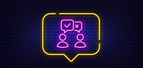 Neon light speech bubble. People voting line icon. Internet vote sign. Web election symbol. Neon light background. People voting glow line. Brick wall banner. Vector