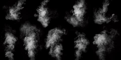 A set of nine different types of swirling, writhing smoke, steam isolated on a black background for overlaying on your photos. Horizontal and vertical steam. Abstract smoky background