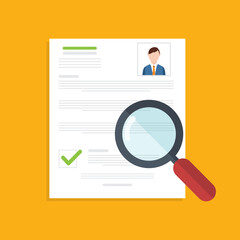 Resume analysis, use magnifying glass to view recruitment resume, concept of recruitment and human resources