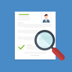Resume analysis, use magnifying glass to view recruitment resume, concept of recruitment and human resources