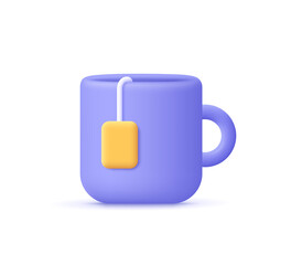 Cup of tea or mug with tea bag. Tea time, breakfast concept. 3d vector icon. Cartoon minimal style.