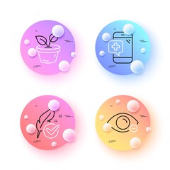 Myopia, Leaves and Hypoallergenic tested minimal line icons. 3d spheres or balls buttons. Medical phone icons. For web, application, printing. Eye vision, Grow plant, Feather. Mobile medicine. Vector