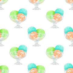 Watercolor seamless pattern with ice cream illustration on isolated background. For greeting cards, stationery, wrapping paper, wallpaper, splash screen, social media, etc.