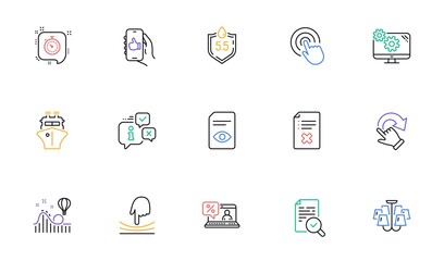 Chandelier, Inspect and Like app line icons for website, printing. Collection of Ship, Click, Ph neutral icons. Settings, Online loan, Reject file web elements. Info, Rotation gesture. Vector