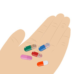 Hand with colorful pills. Man hand with tablets, medicine. Hand holding pills isolated. Capsule pills in man's hand palm.