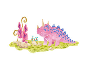 Watercolor illustration with cute purple dinosaurs. Сan be used for stationery design (postcards, calendars, notebooks, booklet etc.), clothing print, etc., phone case design etc