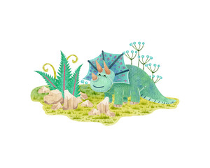 Watercolor illustration with cute turquoise dinosaurs. Сan be used for stationery design (postcards, calendars, notebooks, booklet etc.), clothing print, etc., phone case design etc