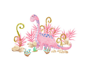 Watercolor illustration with cute pink dinosaurs on isolated background. Сan be used for stationery design (postcards, calendars, notebooks, booklet etc.), clothing print, etc., phone case design etc