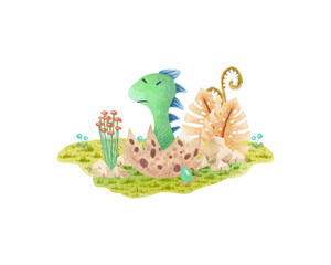 Watercolor illustration with cute green dinosaurs on isolated background. Сan be used for stationery design (postcards, calendars, notebooks, booklet etc.), clothing print, etc., phone case design etc