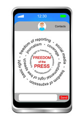 Smartphone with Freedom of the Press wordcloud - 3D illustration