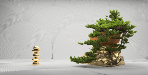 bonsai tree and gold stone on a  white background. 3d rendering