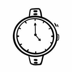 Watches wrist hand drawn vector scribble art isolated on white background. Clock arrow hands and face showing time in doodle monochrome style