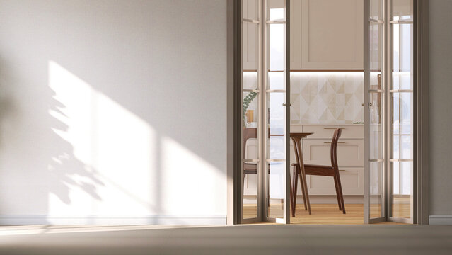 3d render mock up of beautiful apartment an open folding door of kitchen and dining room, morning sunlight and window frame shadow on blank empty wall. Background, Home product overlay, Mock up, Wall.