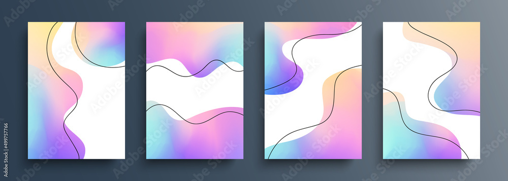 Poster Abstract blurred backgrounds set with various dynamic multicolored shapes and black outlines for your creative graphic design. Vector illustration.	
