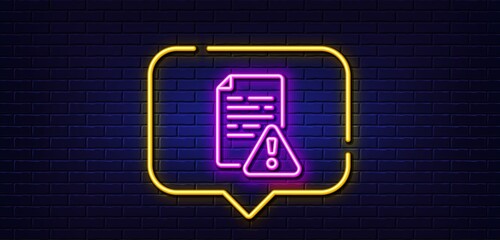 Neon light speech bubble. Instruction manual line icon. Warning file sign. Caution alert symbol. Neon light background. Instruction manual glow line. Brick wall banner. Vector