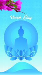 Lord Buddha on blue lotus flower in blue background. Vesak Day celebration greetings Vector. Happy Vesak day. Vertical Image of vesak day  greetings