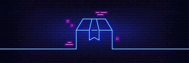 Neon light glow effect. Package box line icon. Delivery parcel sign. Cargo goods symbol. 3d line neon glow icon. Brick wall banner. Package box outline. Vector