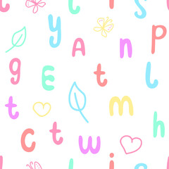 Baby seamless pattern with English letters. Background hand lettering alphabet. Model for kid things and design. Delicate pastel template