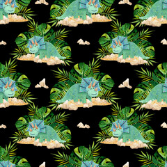 Watercolor seamless patterns with cute turquoise dinosaurs on isolated black background.  For greeting cards, stationery, wrapping paper, wallpaper, splash screen, social media, etc.