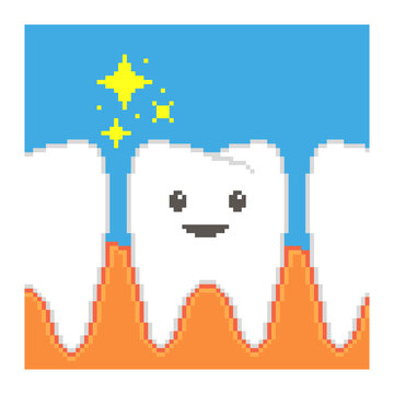 colorful simple vector flat pixel art illustration of cartoon white smiling shining tooth in the gum
