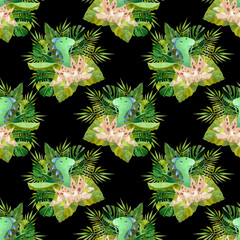 Watercolor seamless patterns with cute green dinosaurs on isolated black background.  For greeting cards, stationery, wrapping paper, wallpaper, splash screen, social media, etc.