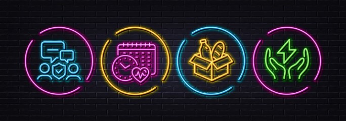 Food donation, Cardio calendar and Security agency minimal line icons. Neon laser 3d lights. Safe energy icons. For web, application, printing. Charity meal, Fitness time, Body guard. Vector