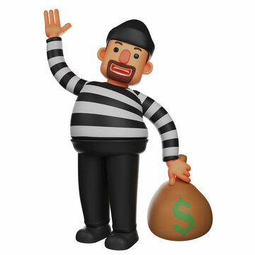 Thief 3D Cartoon Character waving hand