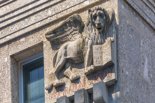Milan, Italy - Apr 17, 2019: Basrelief with logo Assicvrazioni (insurance)  Generali